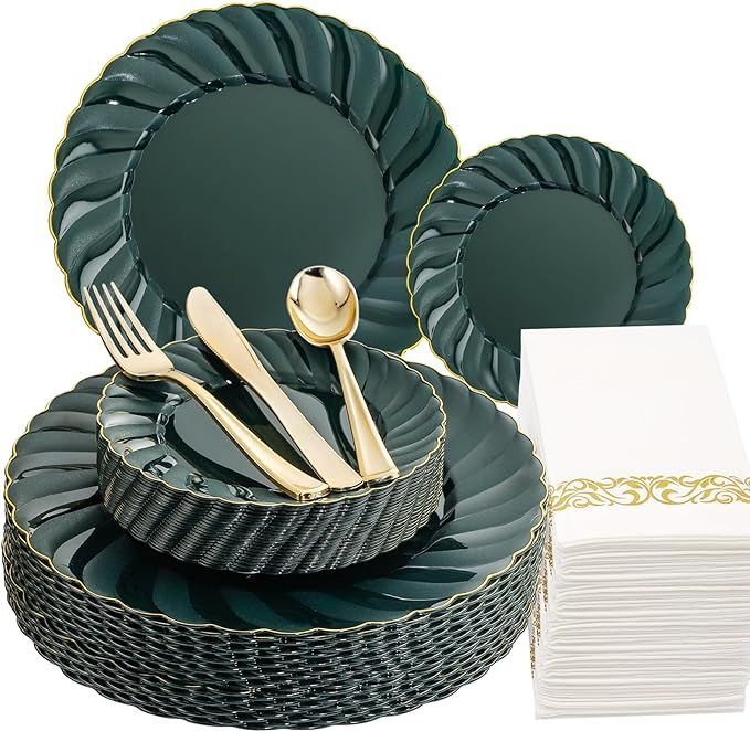 YOUBET 150PCS Green Plastic Plates with Gold Rim- Green Plates Include 25 Dinner Plates, 25 Salad... | Amazon (US)