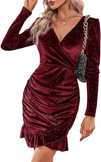 Wenrine Women's Wrap V Neck Party Dresses Glitter Mini Ruched Long Sleeve Velvet Sexy Bodycon Dre... | Amazon (US)