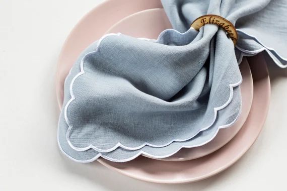 Pale blue linen cloth scallop napkins with white trim for | Etsy | Etsy (US)