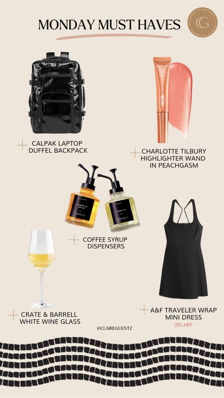 Calpak black travel backpack, white wine glasses, traveler wrap dress, black tennis dress, cream blush, coffee syrup dispensers, coffee bar decor

#LTKunder100 #LTKunder50 #LTKsalealert