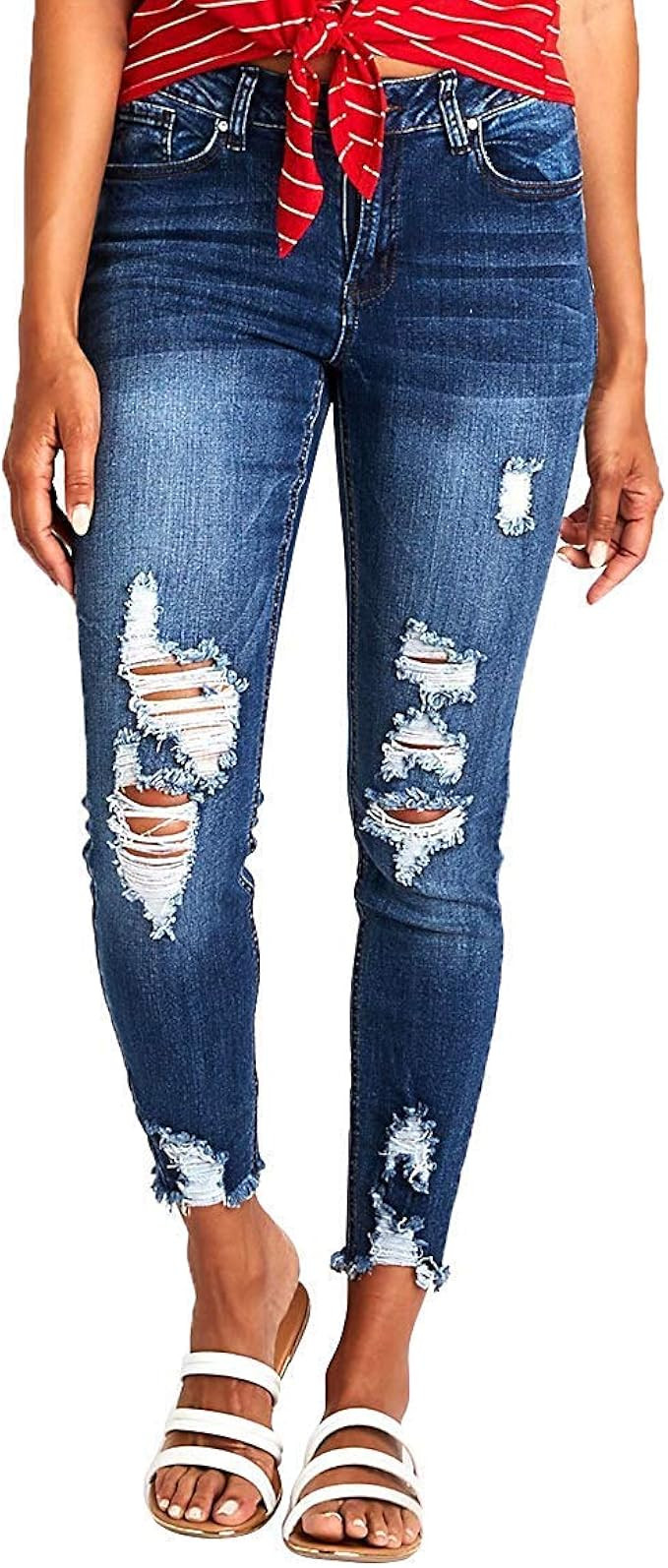 Resfeber Women's Ripped Boyfriend Jeans Stretch Distressed Jeans Capri Mom Jean with Hole | Amazon (US)