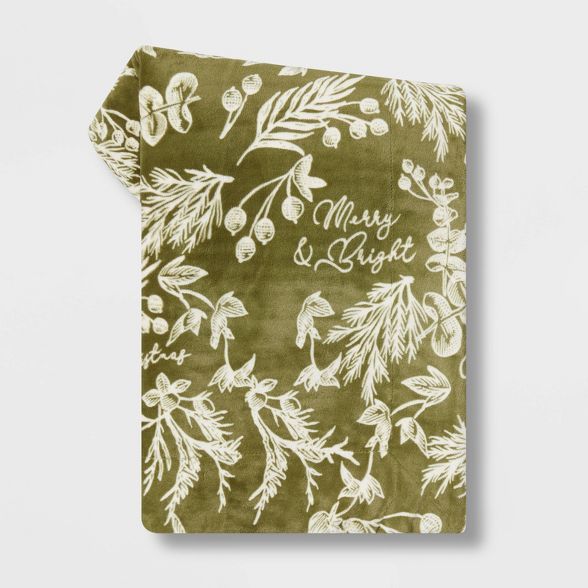 Merry Christmas Botanical Printed Plush with Sherpa Reverse Throw Blanket Green - Threshold™ | Target