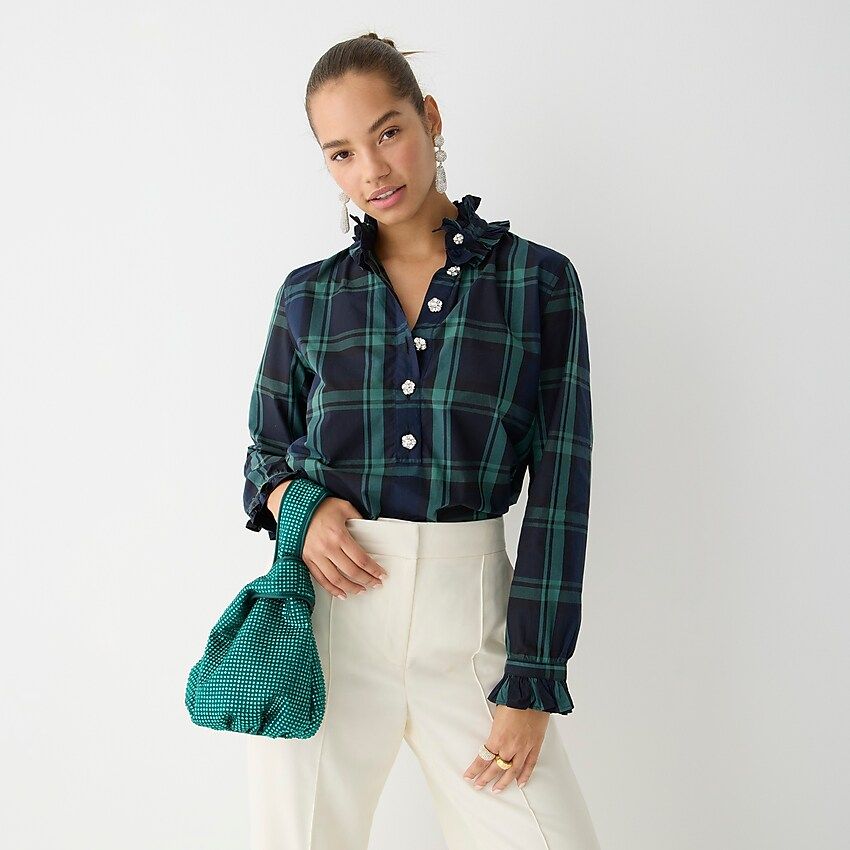Classic-fit ruffle-neck popover in Black Watch tartan with jewel buttons | J.Crew US