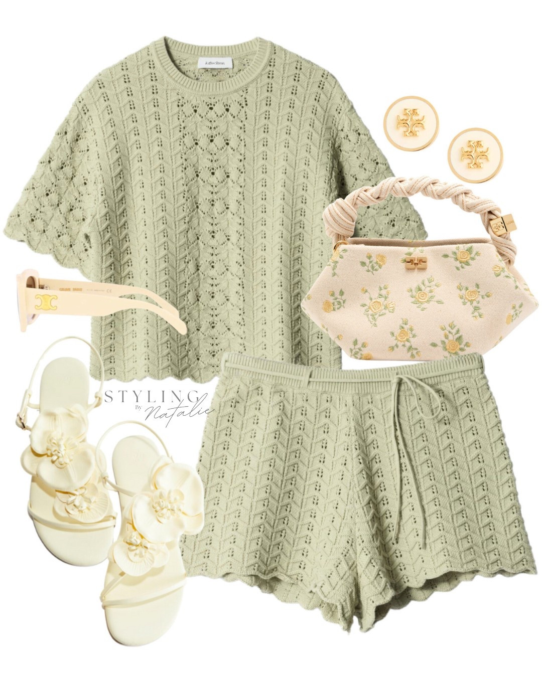 Green knit t shirt & shorts co-ord set, Ganni floral print bag, flower appliqué sandals, Tory Burch stud earrings & Celine sunglasses. 
Summer outfit, vacation outfit, matching set

#LTKsummer #LTKuk #LTKeurope