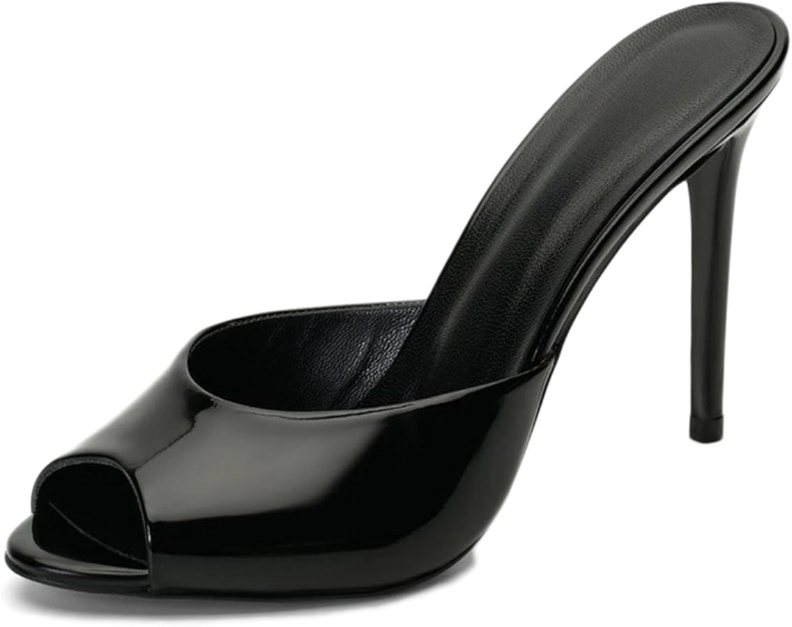 Women's Leather Peep Toe High Heels Sexy Slides Slip-On Comfortable Fish Mouth Round Open Toe Sli... | Amazon (US)