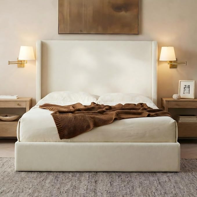 Luxury Boucle Wingback Bed Frame - King Size Upholstered Platform Bed Frame with Tall Winged Head... | Amazon (US)