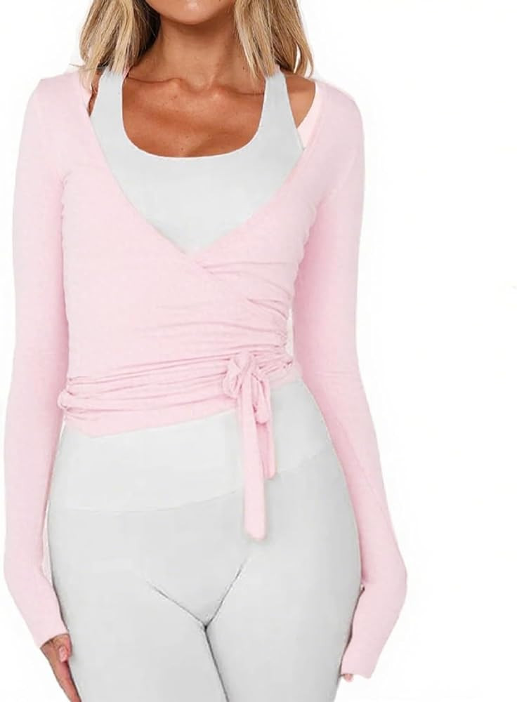 Women Wrap Tie Top Y2k Long SLeeve Ballet Workout Yoga Shirt Coquette Blouses | Amazon (US)