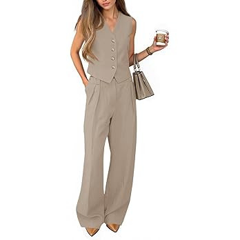 Cicy Bell Women's 2 Piece Outfits V Neck Pants Sets Crop Vest Blazer and Wide Leg Suit | Amazon (US)