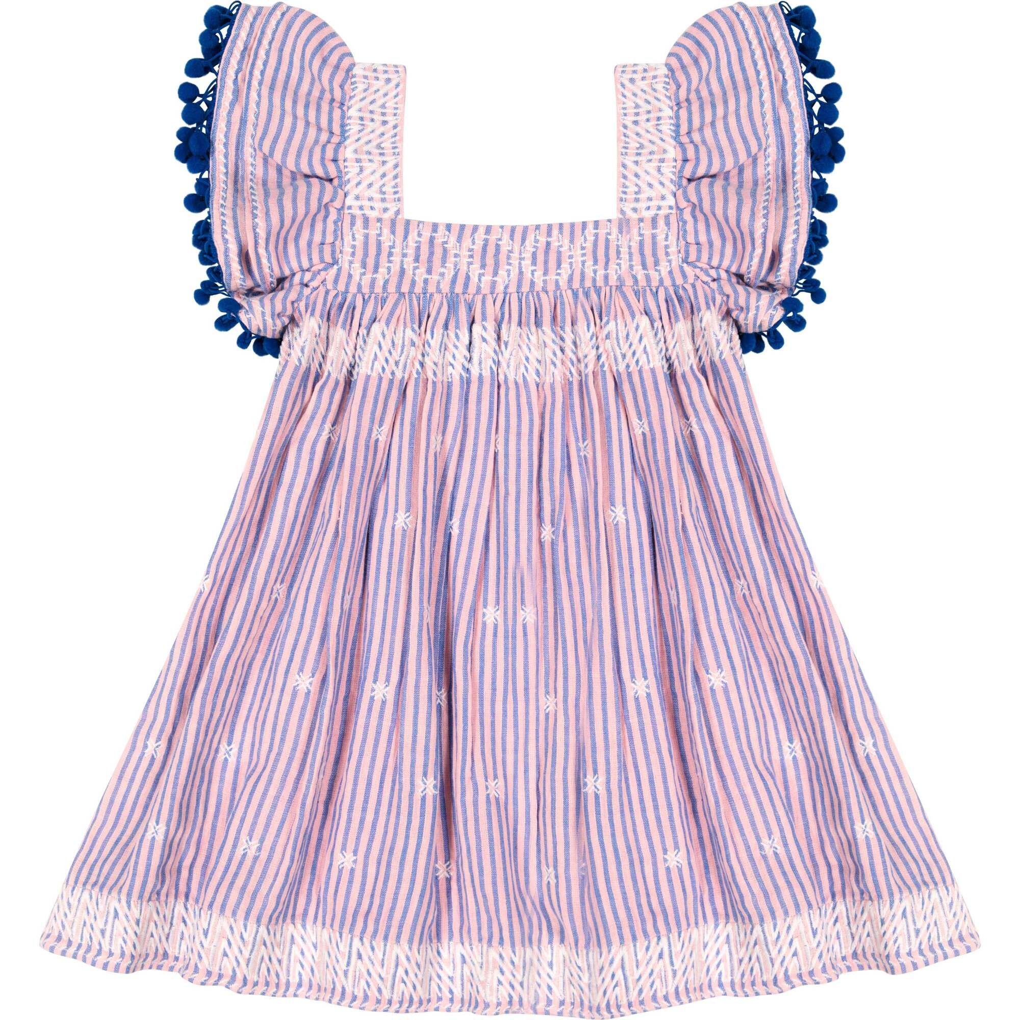 Serena Pom Pom Stripe Dress, Pink And Blue | Maisonette