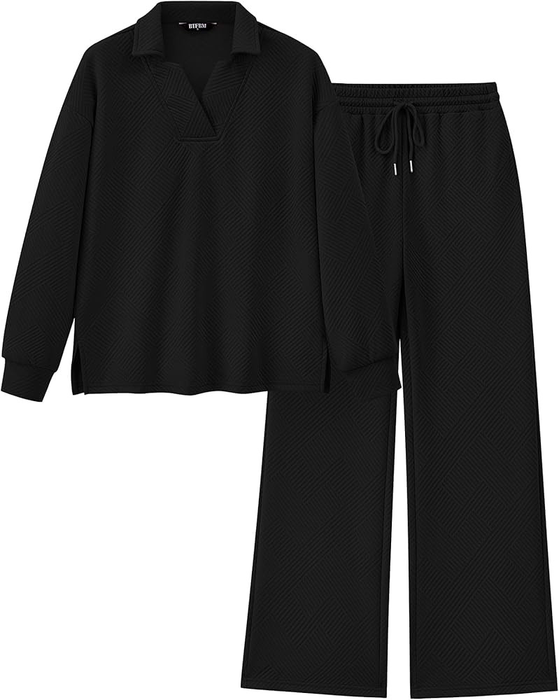 BTFBM Women 2 Piece Outfit 2024 Fall Winter Lapel V Neck Long Sleeve Pullover and Wide Leg Pants ... | Amazon (US)
