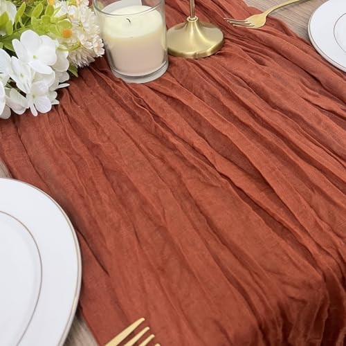 Table Runner 10ft, BGHEOUYV Rust Red Cheesecloth Table Runner 35x120 inch, Christmas Table Runner Gauze Rustic Table Runner for Bridal Shower Decorations, Wedding Thanksgiving Birthday Decor | Amazon (US)