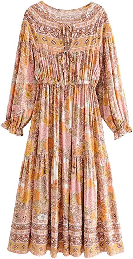 R.Vivimos Women's Cotton Long Sleeve Ruffles V Neck Front Lace Up Floral Print Midi Dress | Amazon (US)