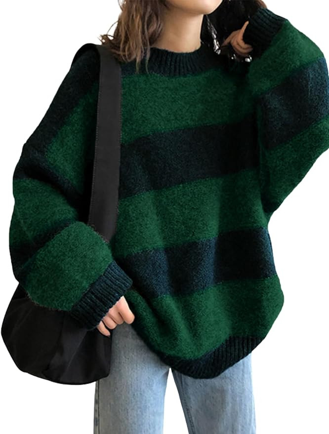 EMMIOL Women's Oversized Striped Sweaters 2025 Fall Trendy Long Sleeve Knit Outfits Crewneck Fash... | Amazon (US)