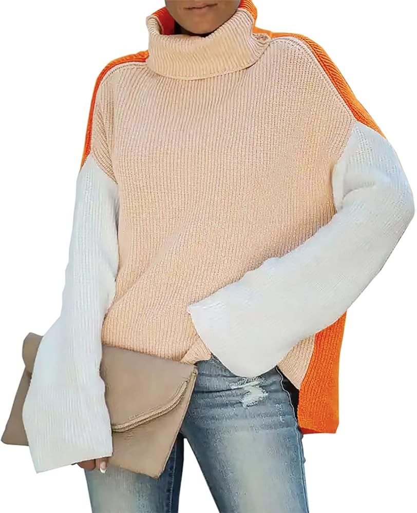 Basicspace Sweater for Women Turtleneck Colorblock Long Sleeve Loose Knit Sweaters Pullover Casua... | Amazon (US)