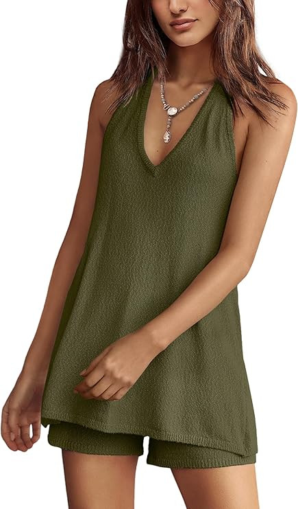 Panadila Womens Summer Two Piece Sets Beach Vacation Outfits Halter Neck Tank Top and Shorts Set ... | Amazon (US)