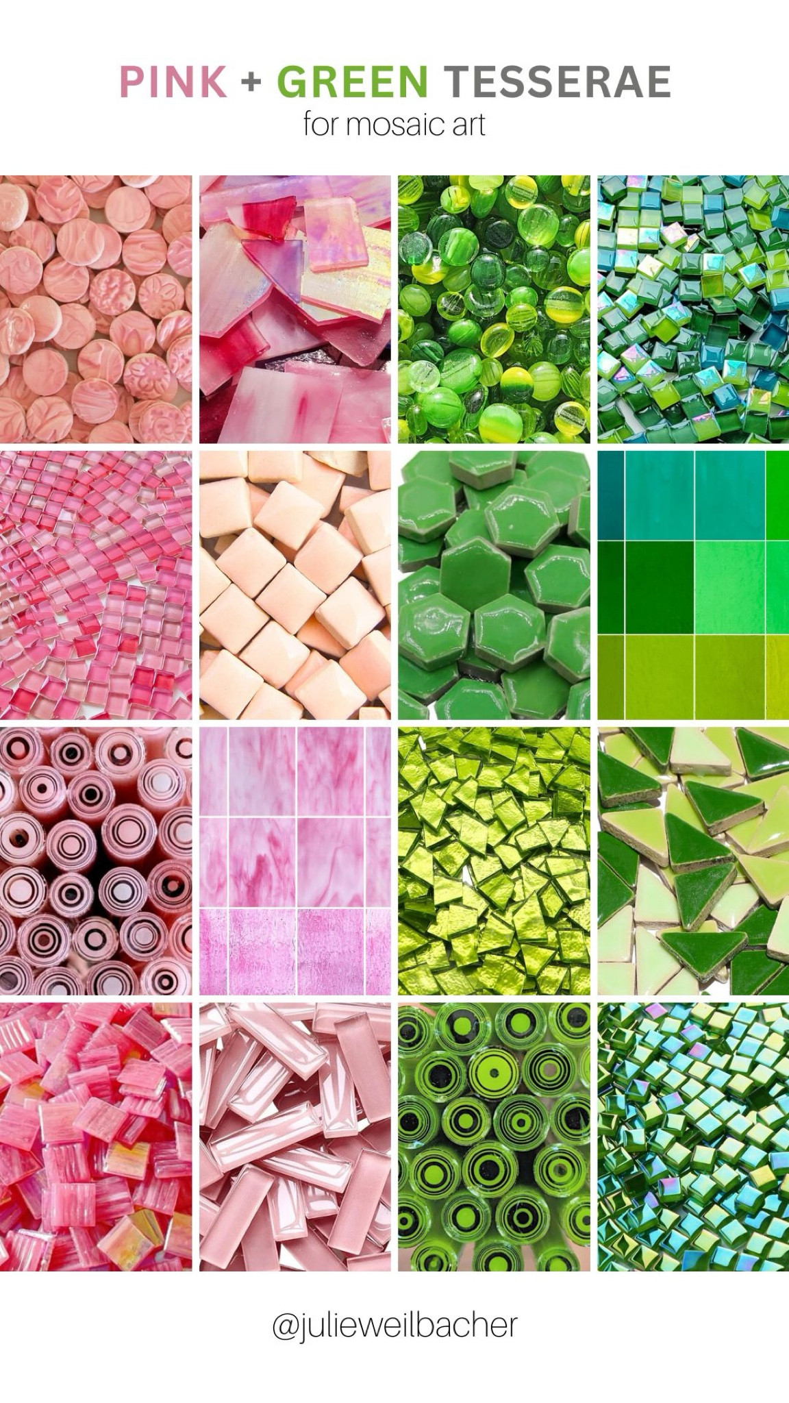 It may be the holidays, but pink + green are the colors of the season! 🩷 Sharing tesserae to use in mosaic art or crafts projects. 💚 For mosaic tips, tutorials, inspiration, and so much more please visit my YouTube channel: YouTube.com/julieweilbacher. Follow @julieweilbacher on Instagram for all things mosaic art. pink and green - green and pink - mosaic - handmade ceramics - stained glass - Wicked - mosaics - glass gems - glass tile - ceramic tile - tile crafts

#LTKFindsUnder50 #LTKHome