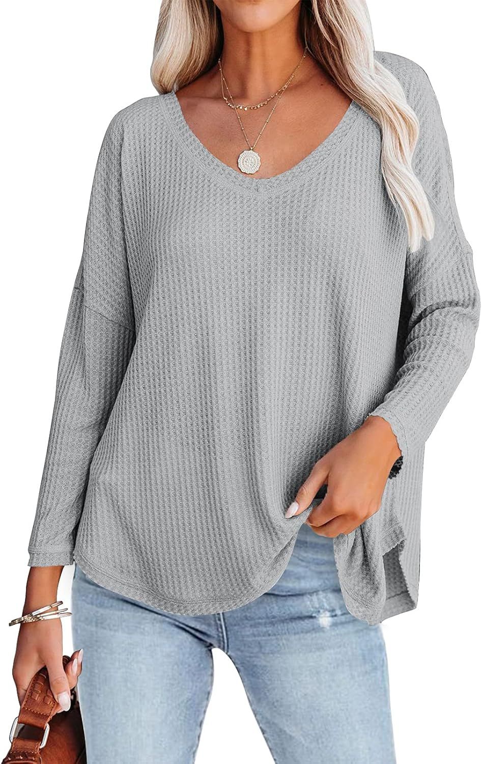 MEROKEETY Women's V Neck Batwing Sleeve Waffle Knit Tops Casual Loose Shirts Solid Color Blouse | Amazon (US)