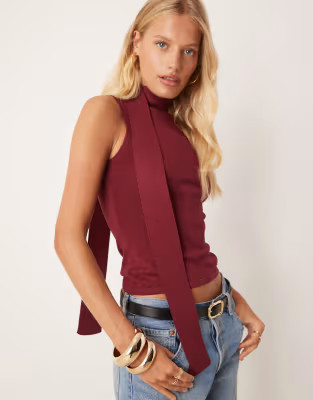 Pretty Lavish sleeveless high neck scarf knit top in burgundy | ASOS (Global)