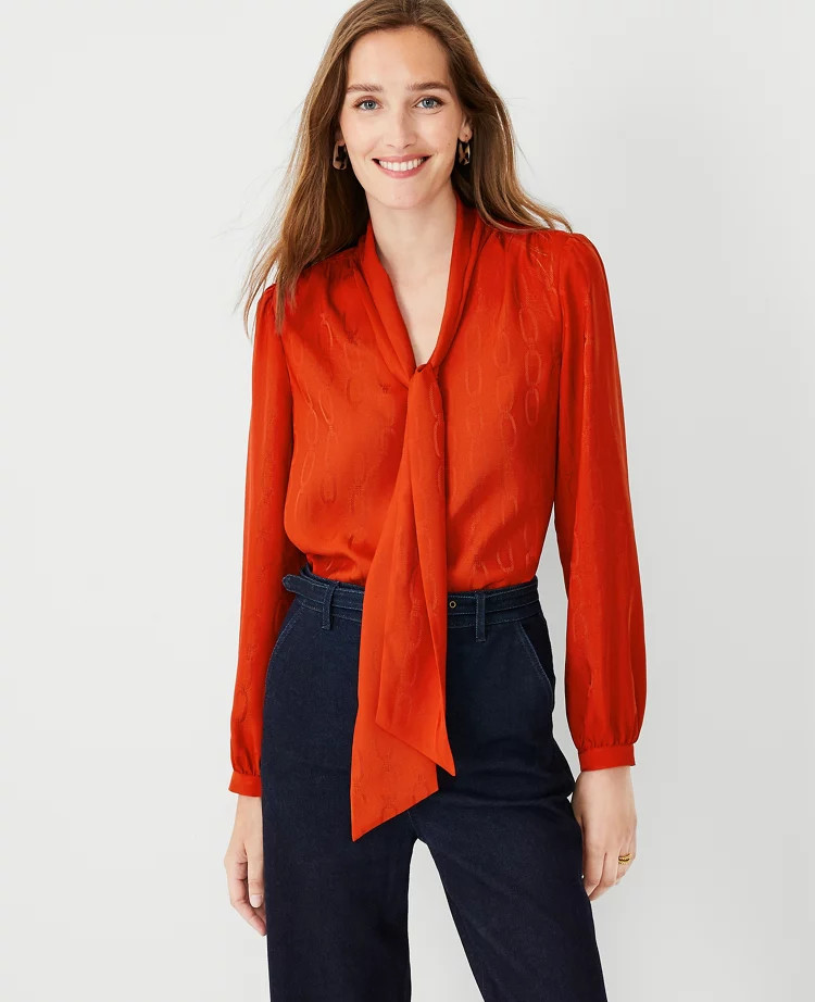 Chain Jacquard Tie Neck Top | Ann Taylor (US)