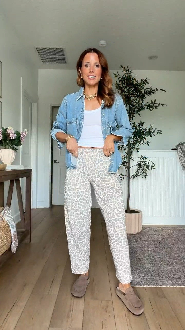Casual outfit. Travel outfit. Mom outfit. Leopard barrel leg sweatpants in XXS regular - short length is available in all other sizes. Stretchy and elastic waist and pockets! Slim fitting denim top in XS. Machine washable clogs - whole sizes only. I’m a 6.5 and did a 6 per reviews!

#LTKgrwm #LTKootd #LTKTravel