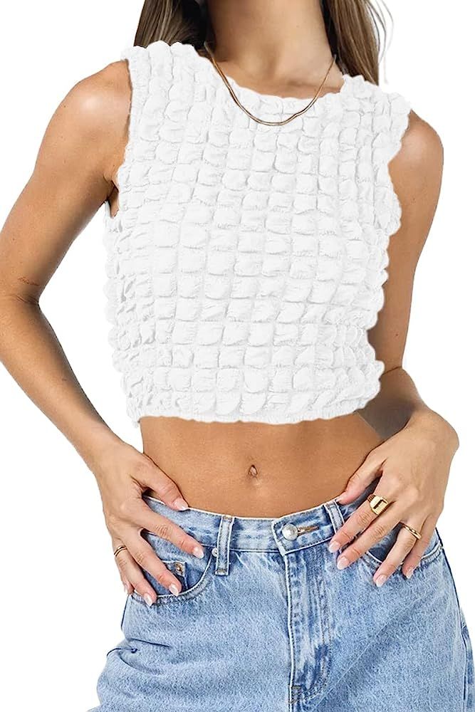 CHYRII Women's Summer Popcorn Crop Tops Sleeveless Round Neck Going Out Tops Tank Tops | Amazon (US)