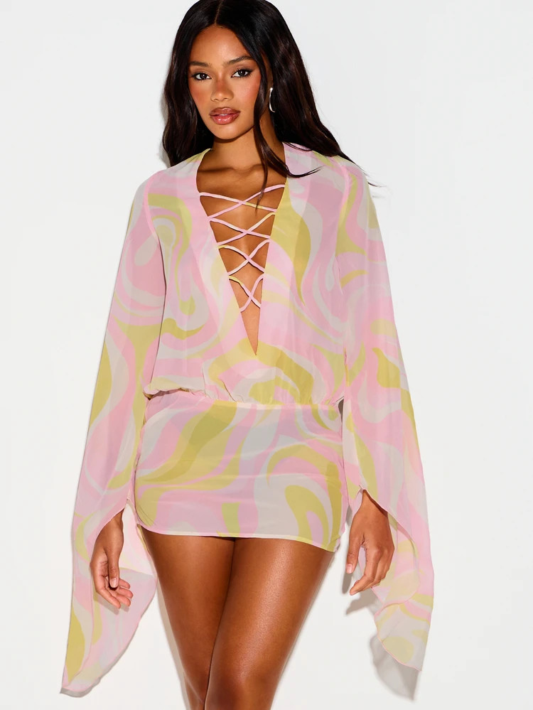KIZN Swirl Print Lace Up Plunge Neck Mini Dress With Wide Batwing Sleeves And Open Back Summer Pa... | SHEIN