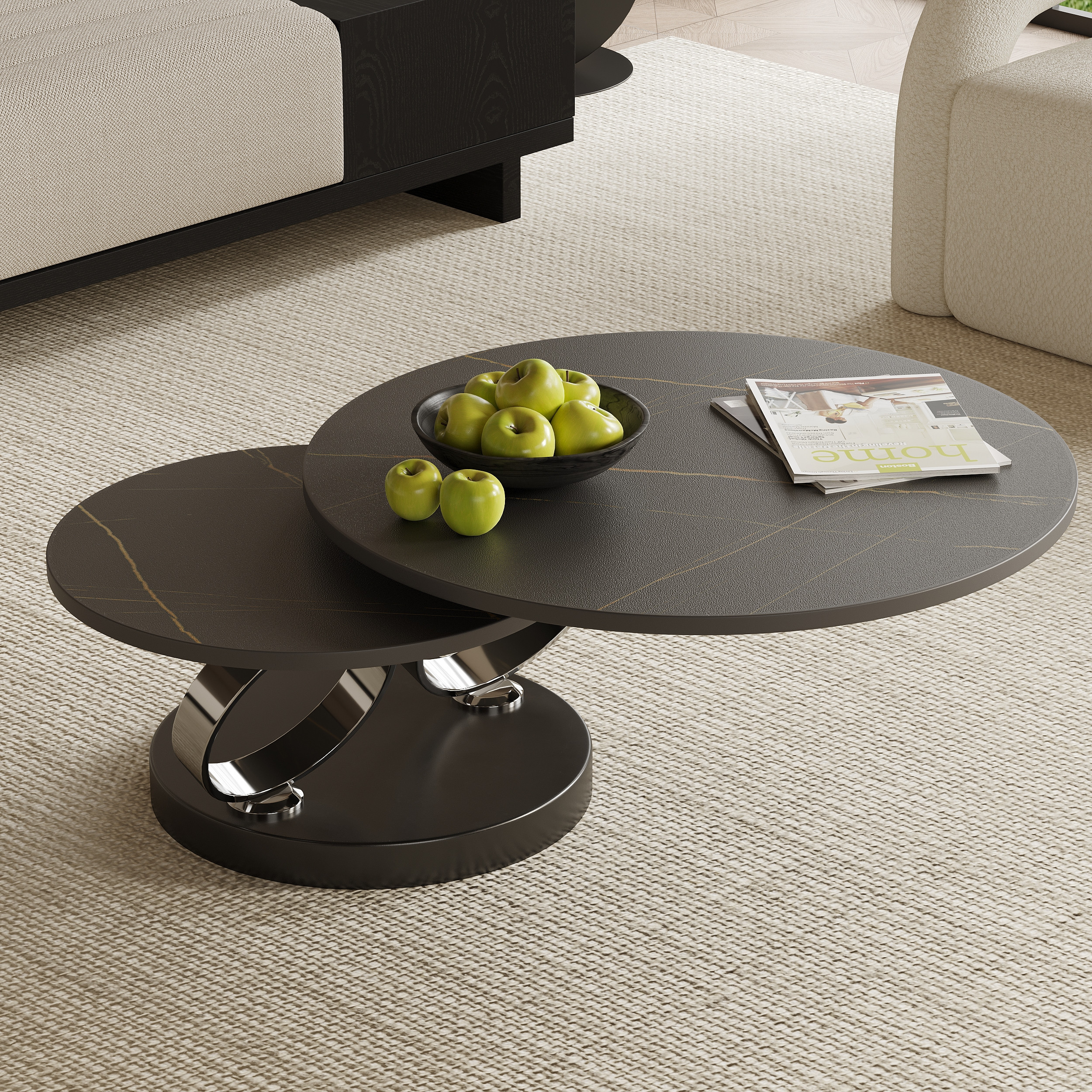 Black Extendable Coffee Table with Ring-shaped Metal Pedestal | Homary