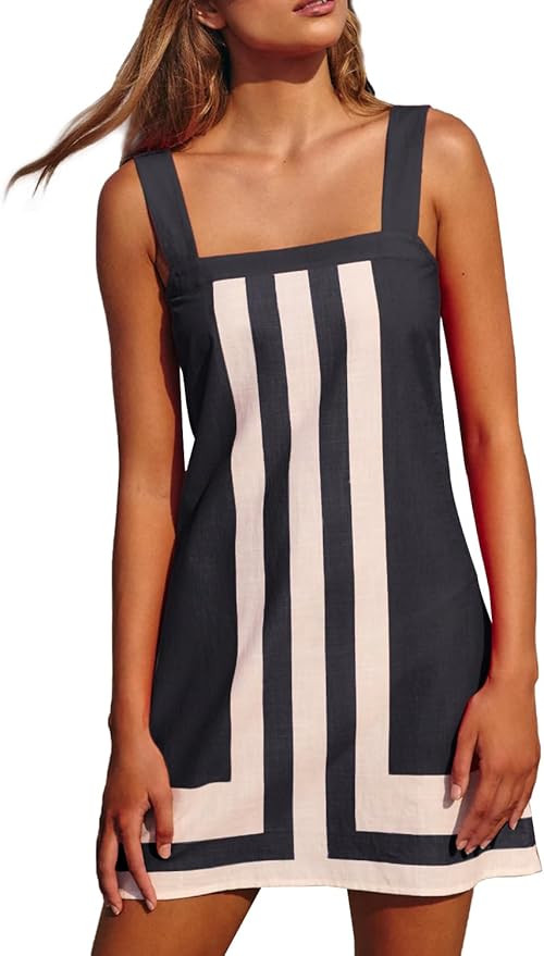 2025 Women Boho Striped Mini Dress Casual Summer Color Block Coverups Beach Overall Dress | Amazon (US)