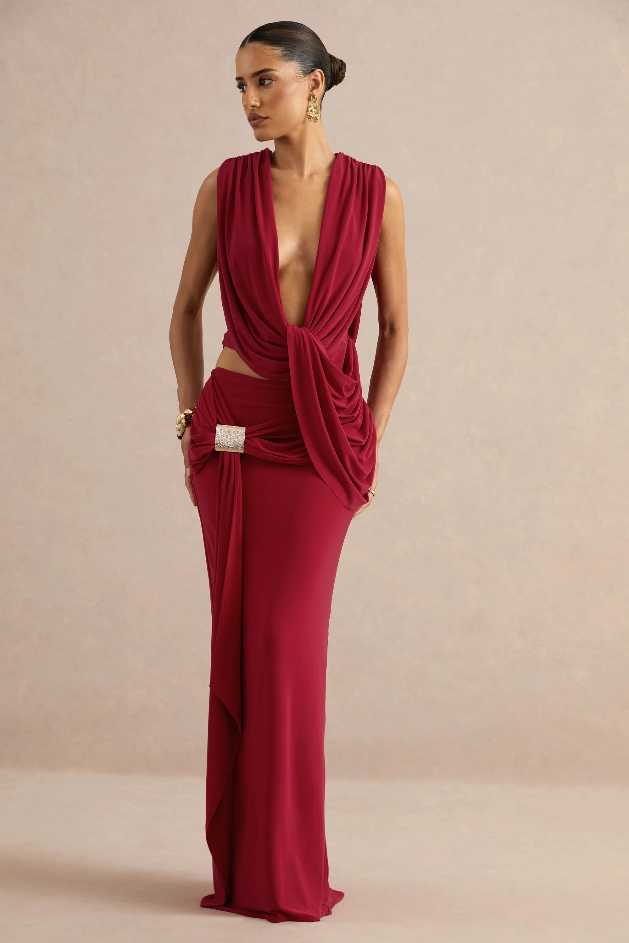 Lilias | Red Maxi Skirt With Draped Detailing And Gold Detail | Club L London