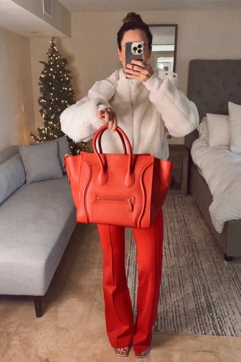 Mrs. Clause here with my new fat @celine sack!!! Christmas came early ❤️ and I had to share this beauty 💃🍒 

🛍️ Shop link in bio 🫶🏼 

Jacket: @alo size XS
Pants: @spanx size XS
Bag: @celine 🍒
Shoes: @courrages 

#holiday #holidaystyle #shineon #sherpa #redpants #celine #miniluggagetote #alo #fashionstatement #fashionblogger #nicolecolee
#SherpaChic #RockinRed

#LTKGiftGuide #LTKHoliday #LTKSeasonal
