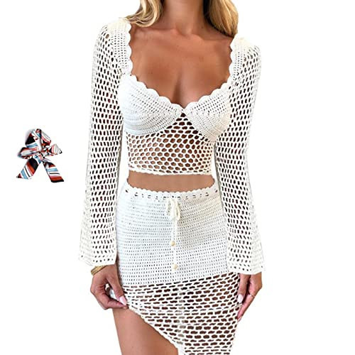 Womens Crochet Knit 2 Piece Skirt Set, Crochet Sets Two Piece Women, Two Piece Skirt Set, Sexy Mini Skirt (White-1, M) | Amazon (US)