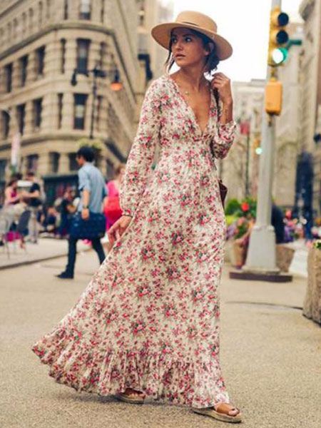 Pink Maxi Dress V Neck Long Sleeve Ruffle Floral Printed Slim Fit Long Dress | Milanoo