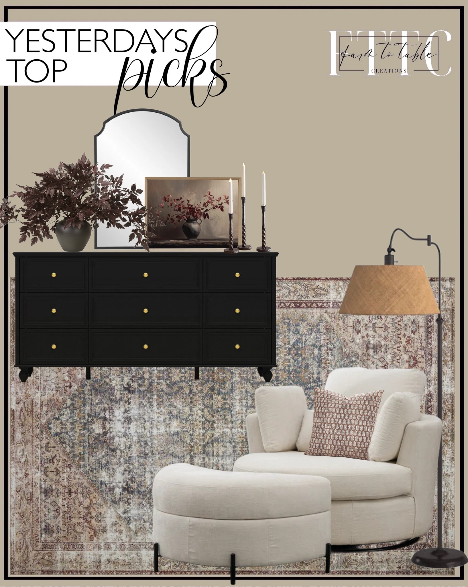 Yesterday’s Top Picks. Follow @farmtotablecreations on Instagram for more inspirational.

Nine Drawers Dresser With Strong Storage For Your Home. Theodora Swing Arm Floor Lamp. Kenmari Upholstered Swivel Barrel Chair with Ottoman. 30" x 42" French Country Wall Mirror - Threshold. Keit Metal Arch Wall Mirror. Burgundy Stems Moody Floral Art. 6 Pack Artificial Cimicifuga. Easton Forged Candleholder. Pottery Barn. Amber Lewis x Loloi Georgie Teal / Antique Area Rug. Floral Pillow Cover. 

Amazon Home | Skinny Bench | Bedroom | Living Room | Breakfast Nook | Amazon Home | Target Sale | Loloi Rugs | Magnolia Home | console table | console table styling | faux stems | entryway space | home decor finds | neutral decor | entryway decor | cozy home | affordable decor |  home decor | home inspiration | spring stems | spring console | spring vignette | spring decor | spring decorations | console styling | entryway rug | cozy moody home | moody decor | neutral home



#LTKHome #LTKSaleAlert #LTKFindsUnder50