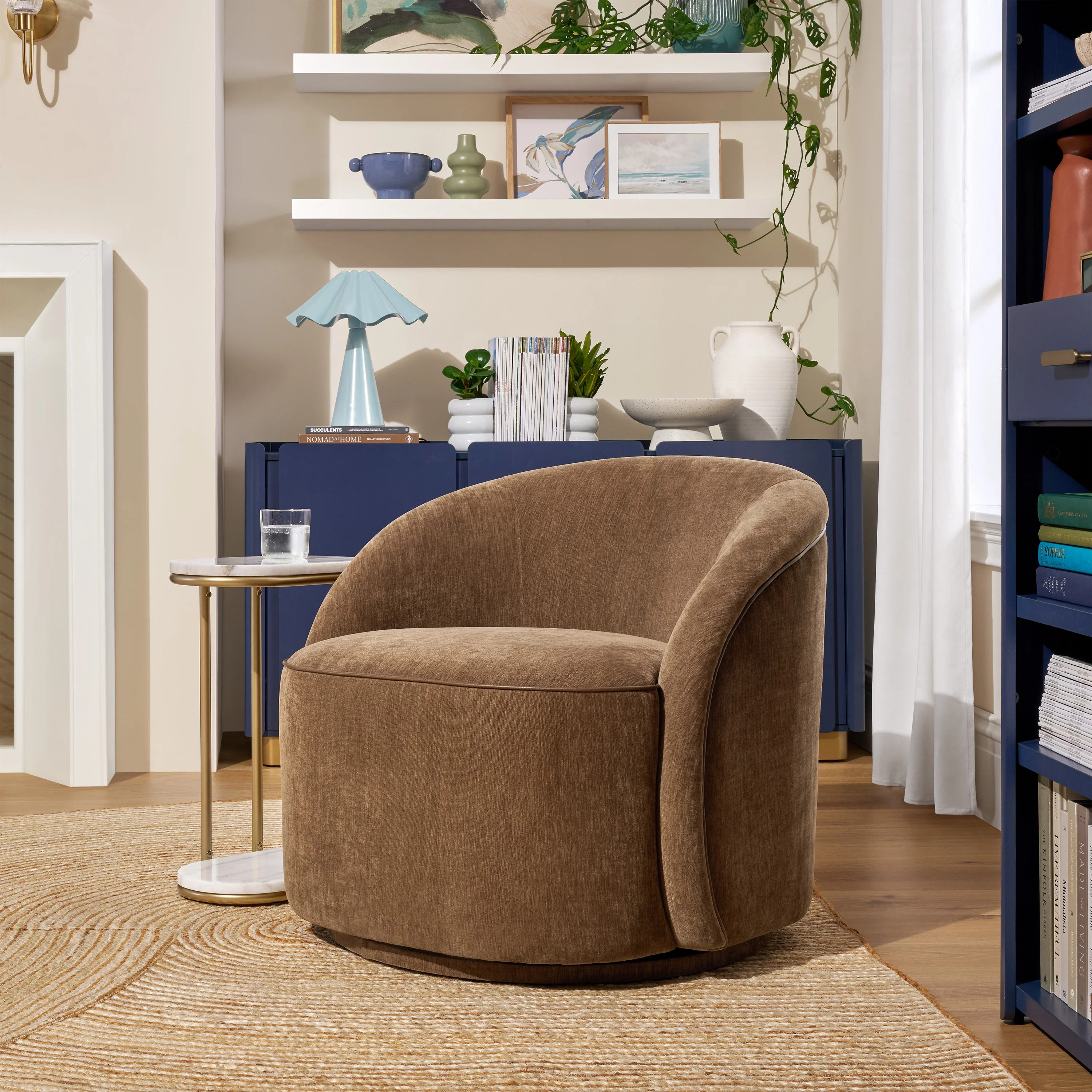 Beautiful Georgiana Swivel Chair by Drew Barrymore, Chocolate with Faux Leather Piping | Walmart (US)
