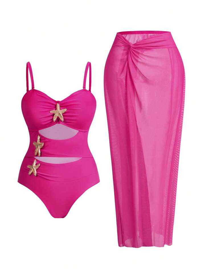 Swim Oasis Women Plus Size 2pcs Ombre Print Sling Hollow-Out One-Piece Swimsuit With High Slit, Fashionable Beach Vacation Swimwear | SHEIN