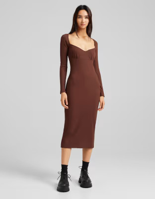 Bershka square neck ribbed dress in chocolate brown | ASOS (Global)