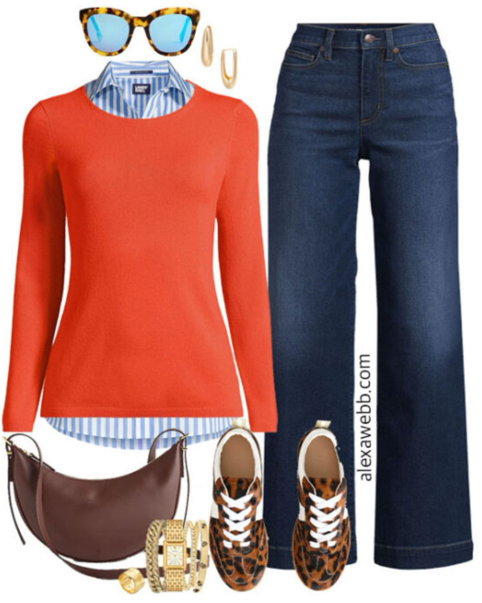 Plus Size Fall Preppy Outfits 1 - A plus size casual outfit idea with wide leg jeans, an orange sweater, leopard sneakers, and crescent crossbody bag. Alexa Webb

#LTKStyleTip #LTKShoeCrush #LTKPlusSize