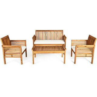 4-Piece Acacia Wood Sofa Set Patio Conversation Table Chairs with Beige Cushions | The Home Depot