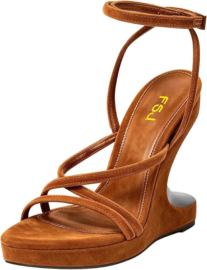 FSJ Women Strappy Wedge Heel Open Toe Platform Sandals Velvet Adjustable Ankle Strap Comfortable ... | Amazon (US)