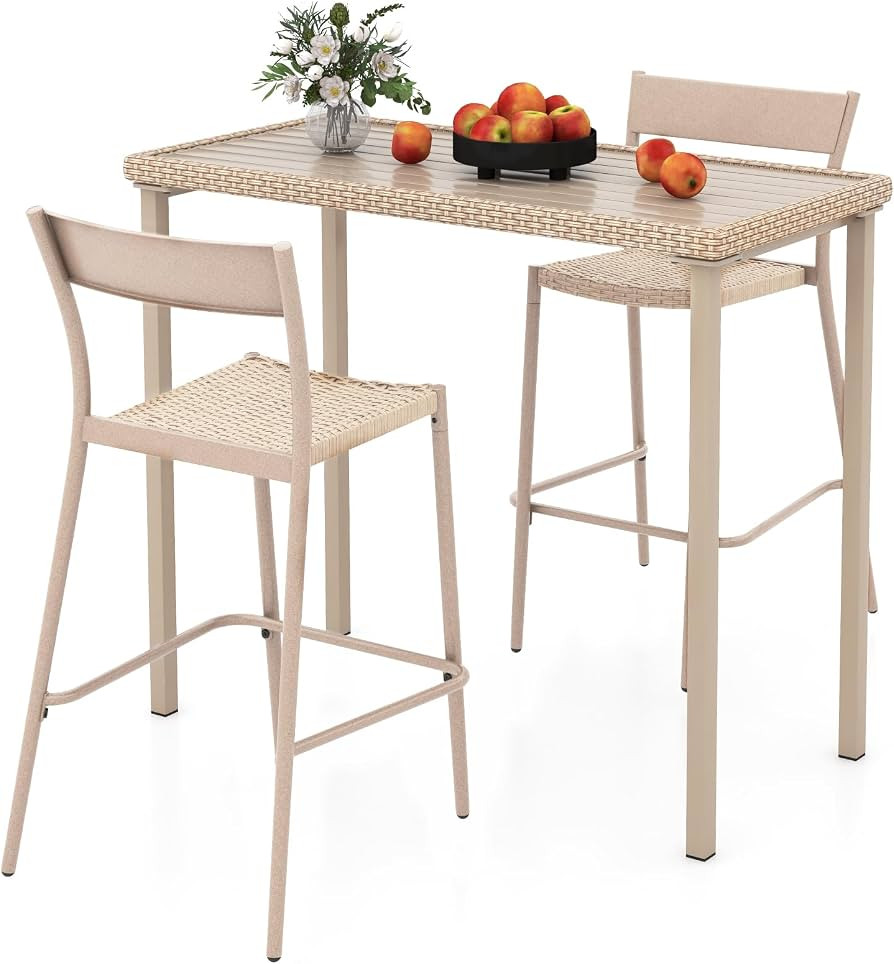 Tangkula 3 Pieces Patio Bar Table Set, Outdoor Bar Height Table & 2 Armless Chairs w/Rattan Seat,... | Amazon (US)
