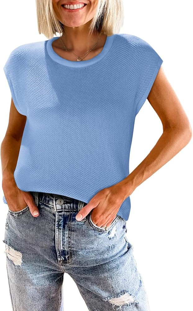 Zwurew Summer Sweaters for Women Crewneck Cap Sleeve Knit Tops Vest Sweaters | Amazon (US)