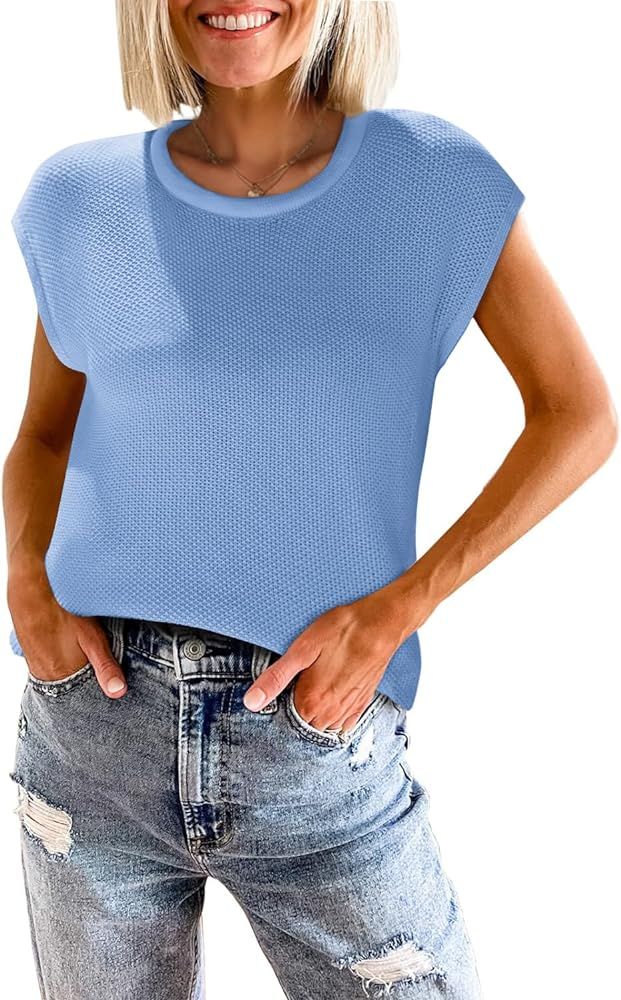 Zwurew Summer Sweaters for Women Crewneck Cap Sleeve Knit Tops Vest Sweaters | Amazon (US)