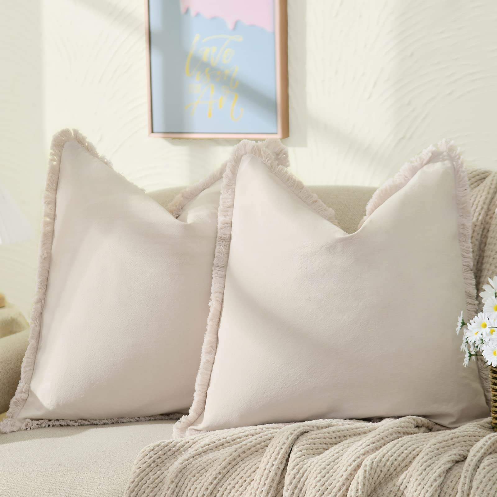 ZWJD Pillow Covers 18x18 Set of 2 Beige Throw Pillow Covers with Fringe Chic Cotton Decorative Pillows Square Cushion Covers for Sofa Couch Bed Living Room Farmhouse Boho Decor | Amazon (US)