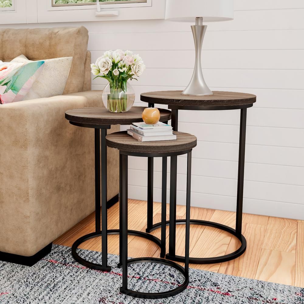 Lavish Home Black Wooden Round Nesting Side Tables with Modern Woodgrain Look (Set of 3), Light Oak  | The Home Depot