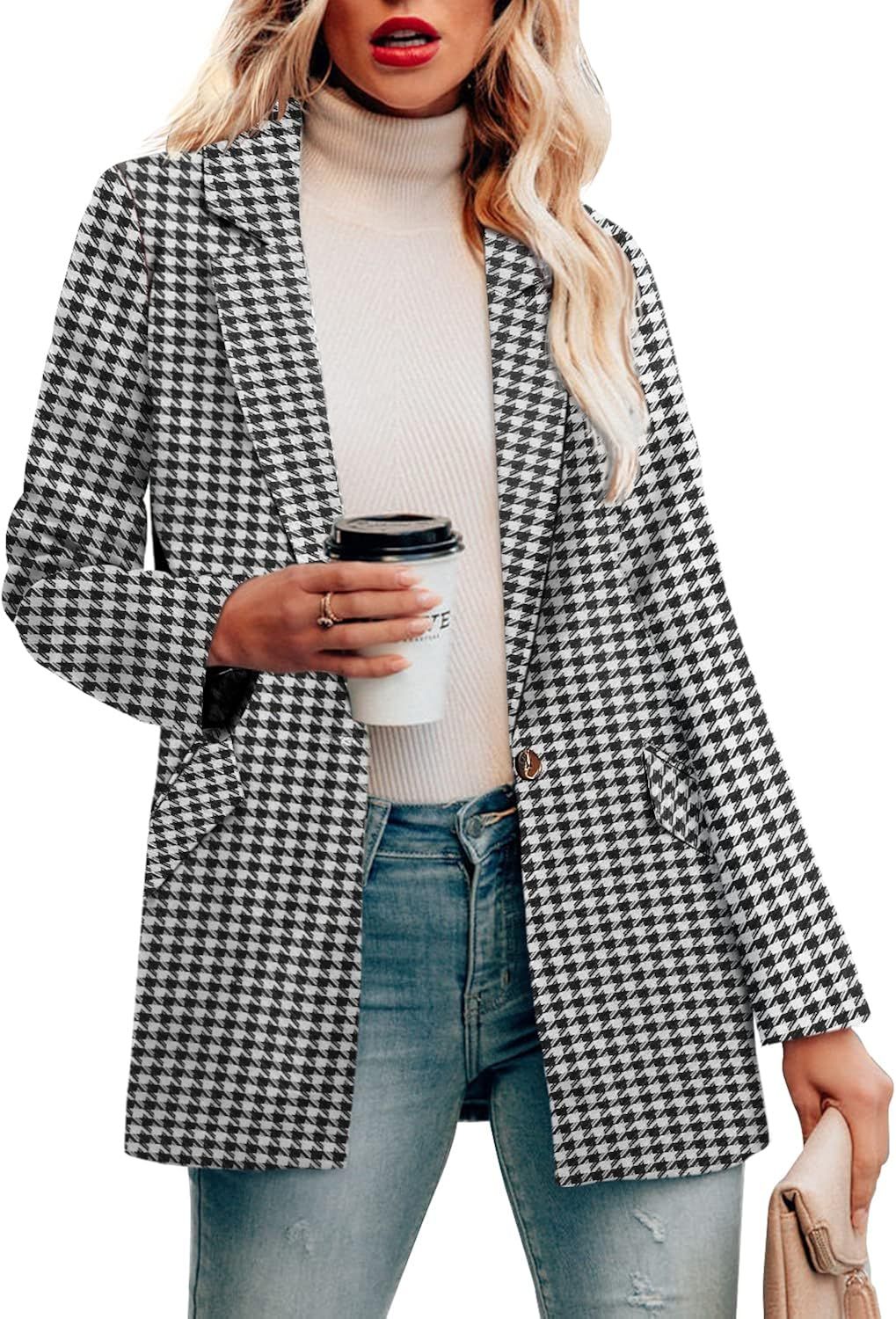 CRAZY GRID Womens Casual Blazer Jacket Pockets Long Sleeve Open Front Work Office Blazer Lapel Bu... | Amazon (US)