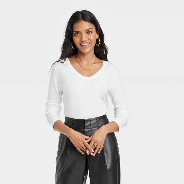 Women's Long Sleeve Ribbed Scoop Neck T-Shirt - A New Day™ | Target