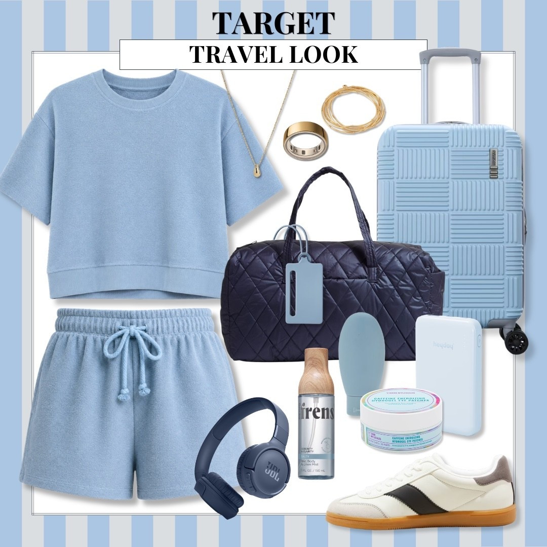 Your next travel outfit is waiting at Target. This cozy matching set is perfect for early flights, road trips, and running through the airport in comfort, and I love how the blue accessories pull the whole look together. Everything you need for a cute and functional travel day is linked!

Target travel outfit, travel style, matching lounge set, airport outfit, travel essentials, carry on luggage, weekender bag, comfortable sneakers, airport fashion, Target finds, vacation essentials, AudrieDollins

#LTKTravel #LTKootd #LTKSeasonal
