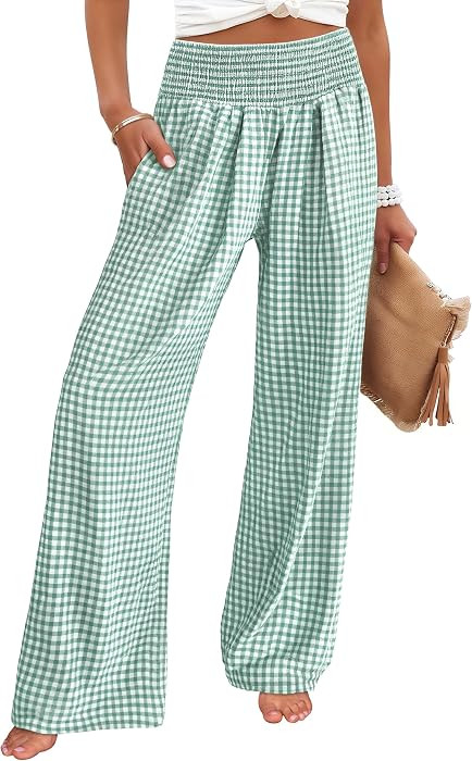 ANRABESS Womens Striped Gingham Wide Leg Palazzo Pants with Pockets | Amazon (US)