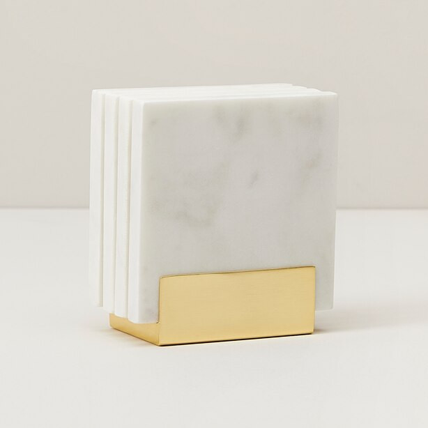 SET OF 4 MARBLE COASTERS WITH BRASS CADDY, WHITE | Indigo (CA)