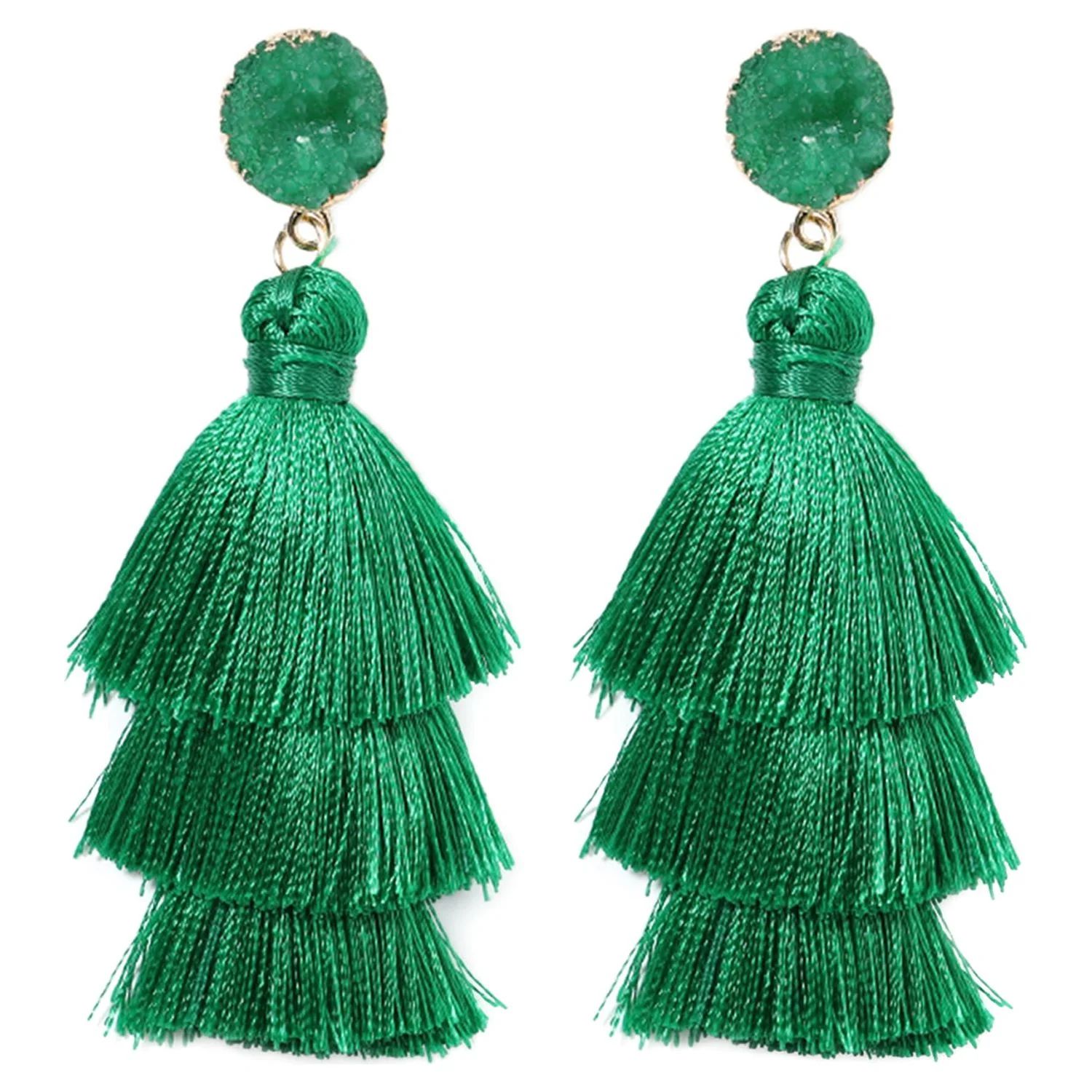 Green Tassel Earrings for Women | Colorful Layered Tassle 3 Tier Bohemian Earrings | Dangle Drop ... | Walmart (US)